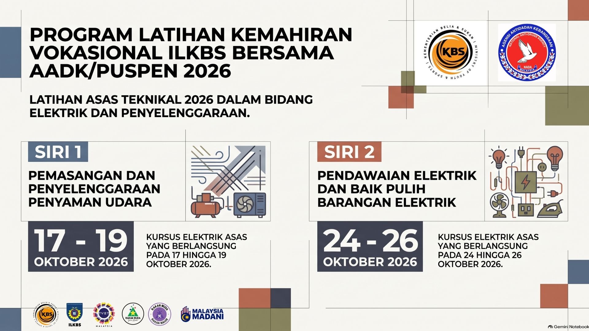 SIRI 1 : KURSUS ELEKTRIK ASAS PEMASANGAN DAN PENYELENGGARAAN PENYAMAN UDARA (PROGRAM LATIHAN KEMAHIRAN VOKASIONAL ILKBS BERSAMA AADK/PUSPEN TAHUN 2026)